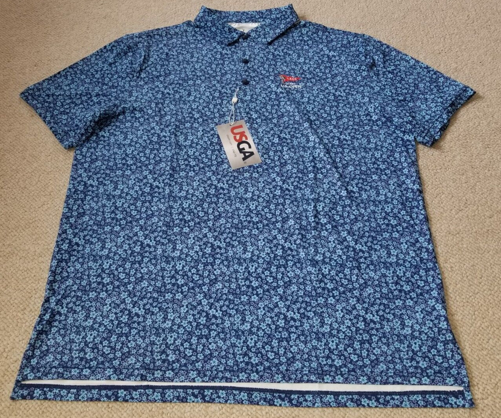 NWT Mens Shirt-USGA-123rd US OPEN-GOLF-navy blue 'Geranium' floral knit polo-XL